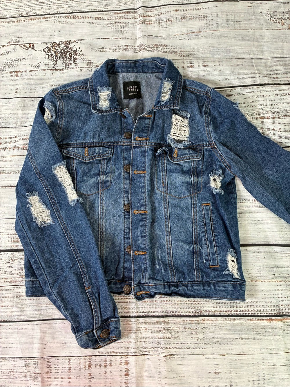 Almost Famous Jean Jacket Women's Large Cropped Distressed Blue Denim